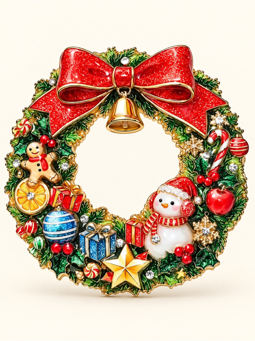 Christmas Wreath Red Bow Snowman Gingerbread Brooch